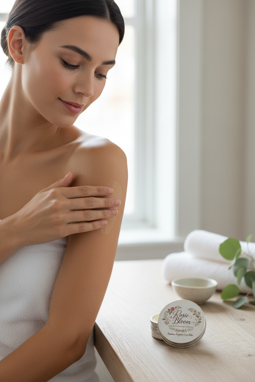 Woman applying body butter to arm and shoulder - subtle application