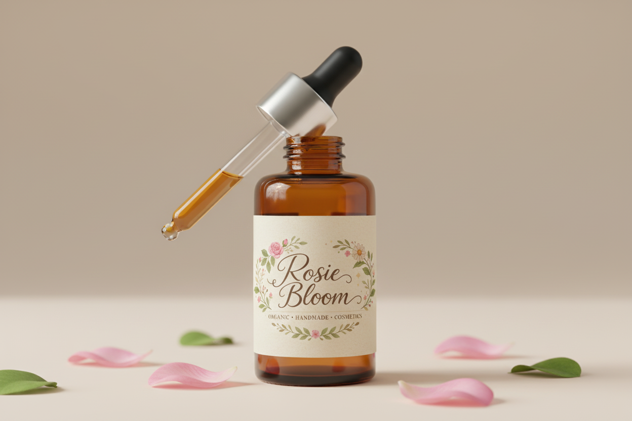 Amber dropper jar with Rosie Bloom logo