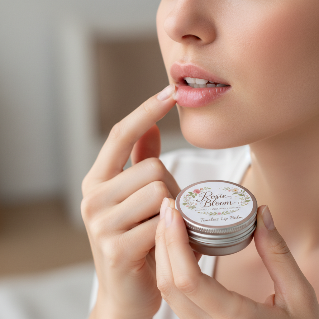 Close-up of woman applying lip balm from small tin