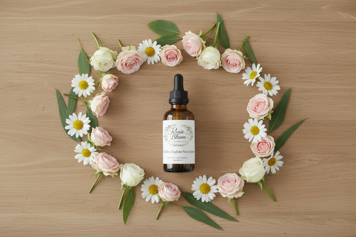 Timeless Day Face Serum bottle with botanical background