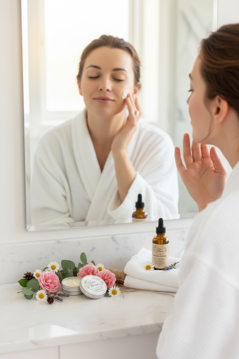Woman applying cream with products at mirror base