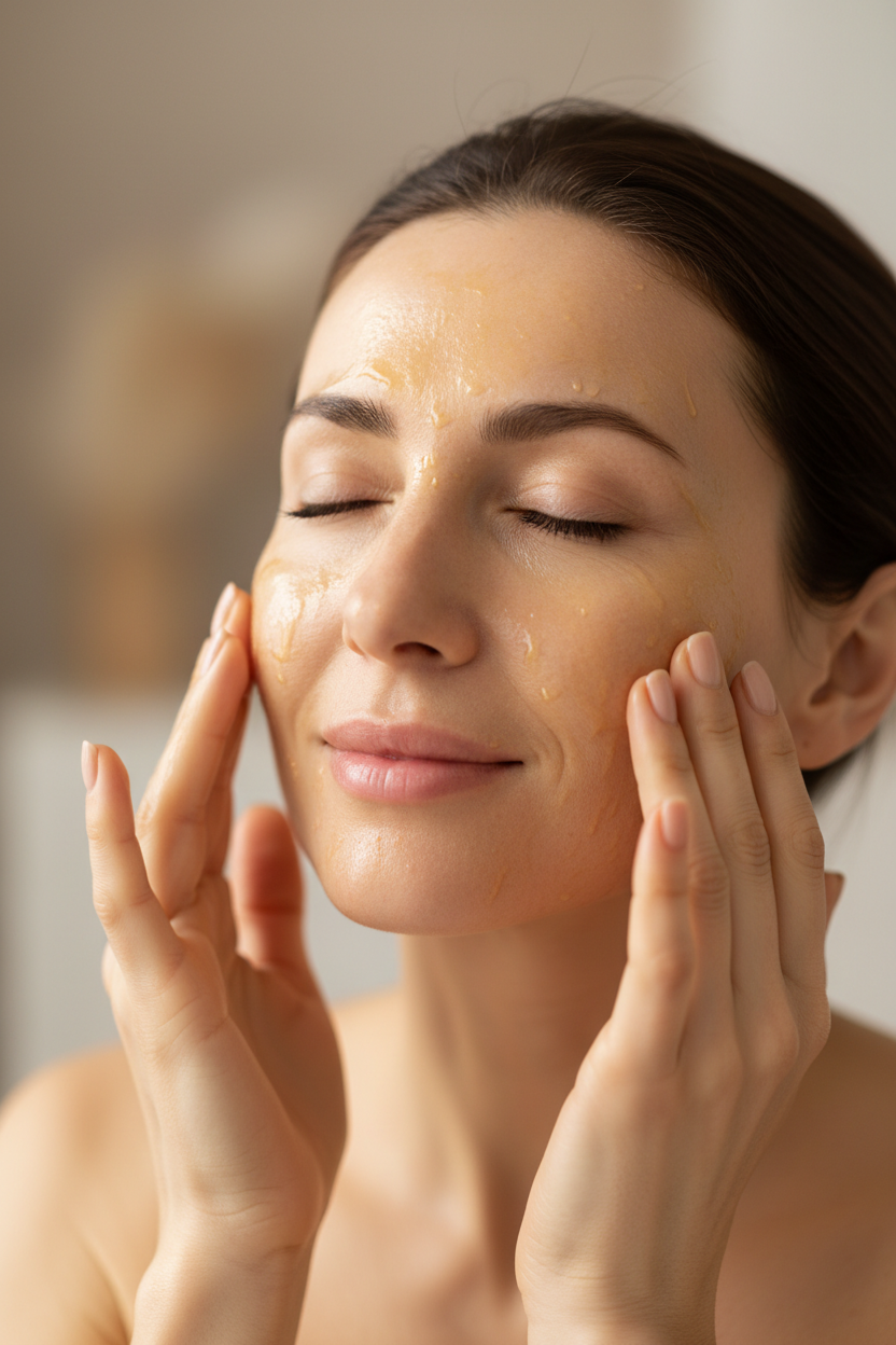 Woman Applying Oil to Face